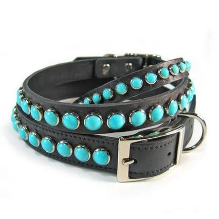 Single Row Turquoise Cabs on Black Leather Dog Collar Size 22: Fit Range 18-19 in. x 1 in. W