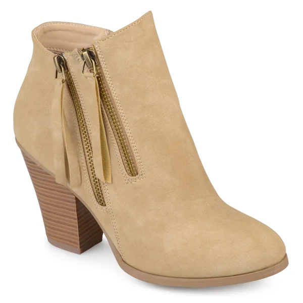 Brinley Co. Women's Faux Suede Stacked Wood Heel Double Zipper Booties - Size: 8.5, Beige