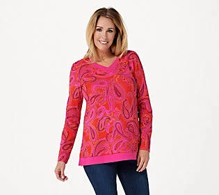Isaac Mizrahi Live! Paisley Printed LayeredKnit Top - Size Large, Raspberry Multi