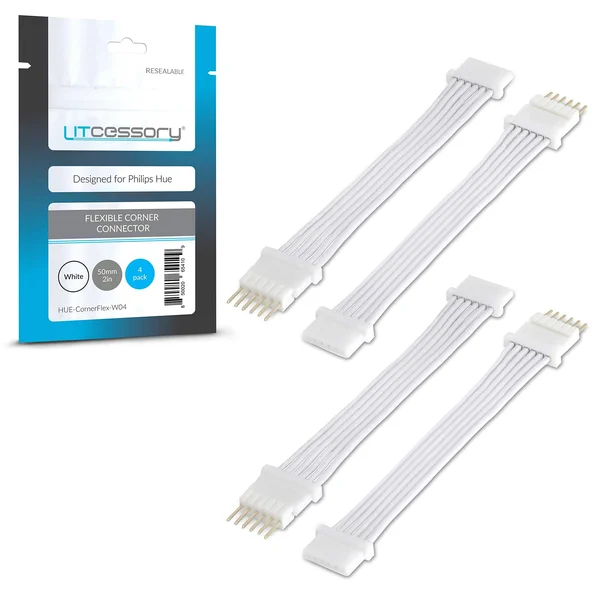 Litcessory Flexible Corner Connector/Extension Cable for Philips Hue Lightstrip Plus (2in - 4 Pack, White - Micro 6-Pin V4)