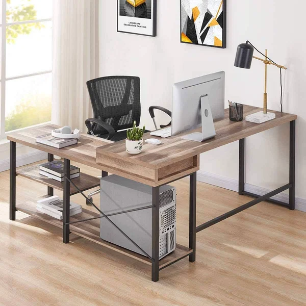 Bon Augure L Shaped Desk with Shelves - Reversible Corner Computer Desk, Rustic W