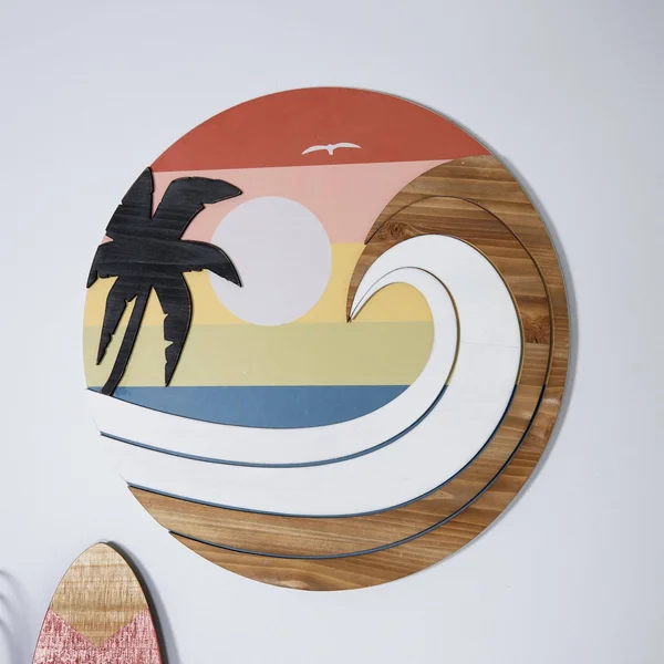 Stratton Home Decor Coastal Sunset Wave Round Wood Wall Art - Multi