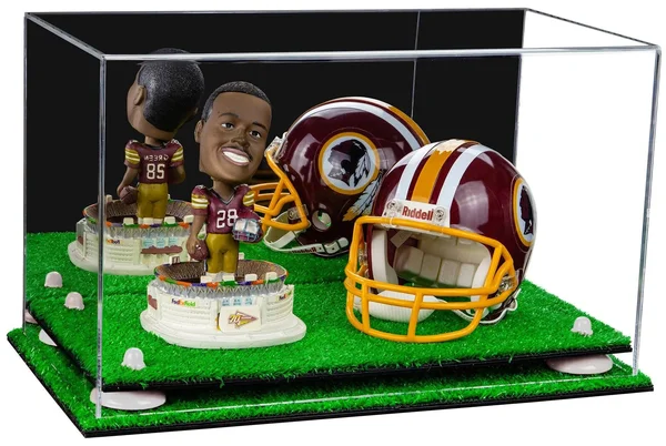Versatile Deluxe Acrylic Display Case - Medium Rectangle Box with Mirror, White Risers and Turf Base 15 inch x 8 inch x 9 inch (
