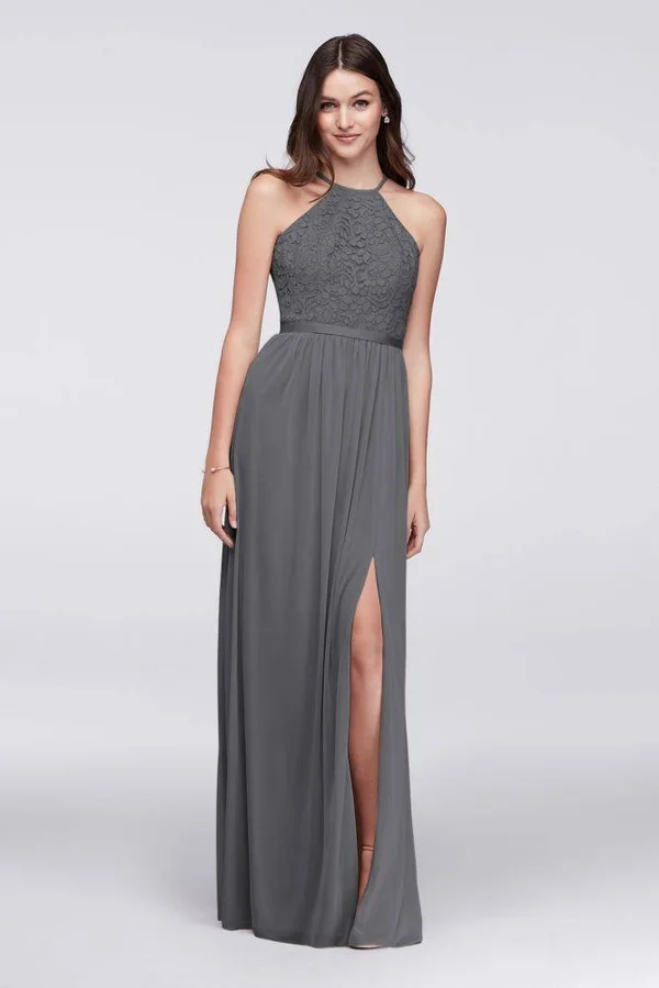 Open-Back Lace and Mesh Bridesmaid Dress - Grey (Gray), 26