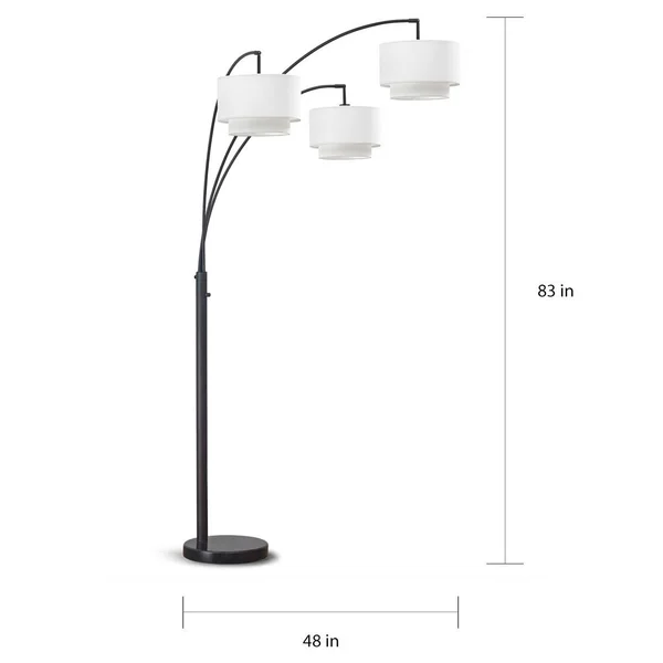 HOMEGLAM Broadway 3-Light 4-Way Switch Arch Floor Lamp Brushed Nickel/White Shades Nickel Brushed - Silver