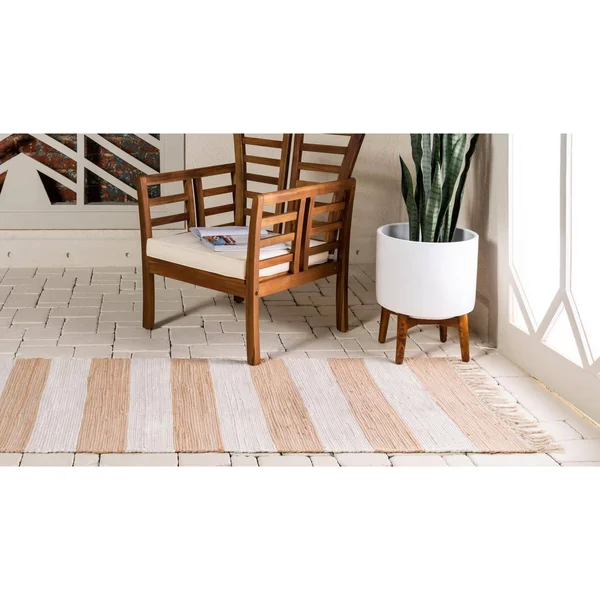 Unique Loom Chindi Rag Striped Area Rug 2& 2 x 10& Runner Beige/Tan