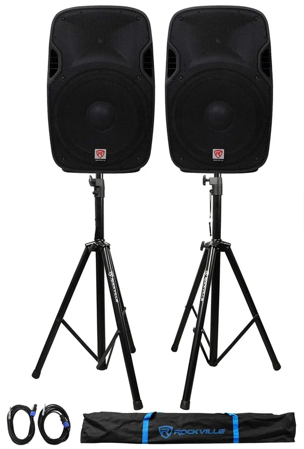 2 Rockville SPGN158 15x22 Passive 1600W ABS Plastic PA Speakers+Stands+Cables+Bags
