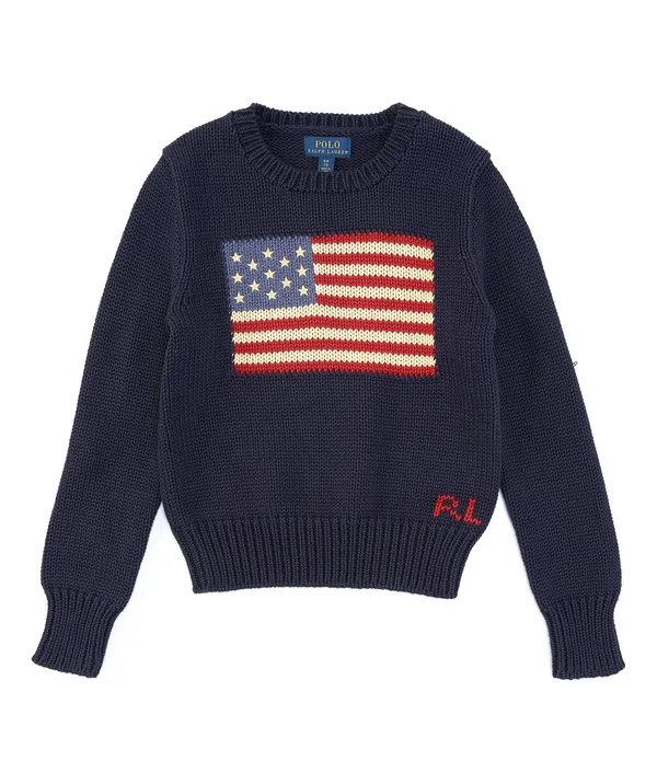 Ralph Lauren Girls 7-16 Flag Cotton Crewneck Sweater - Hunter Navy - XL