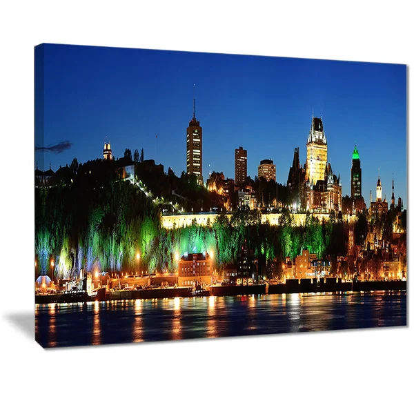 Designart 'Panoramic Quebec City at Night' Cityscape Photo Canvas Print - Blue - 20 in. Wide x 12 in. High - 1 Panel