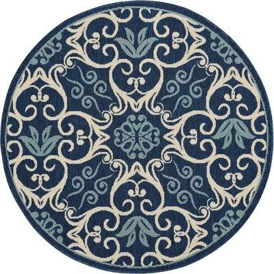 Laury Floral Navy Blue Indoor, Outdoor Area Rug Sol 72 Outdoor Rug Size: Round 4&