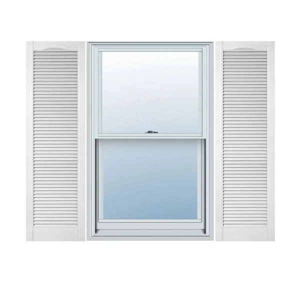 12 inchw x 38 inchh Lifetime Vinyl - Custom Cathedral Top All Louver, Open Louver Shutters, w/Shutter-Loks (Per Pair), Bright Whi