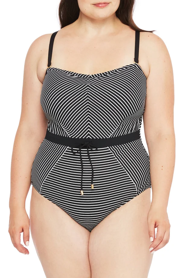 La Blanca Plus Size Pinstripe Bandeau One-Piece Swimsuit - Black/White, Women's, 20W