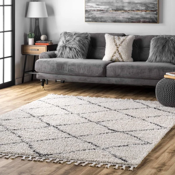 nuLOOM Jessie Moroccan Lattice Shag Off-White 8 ft. x 11 ft. Area Rug, Beige