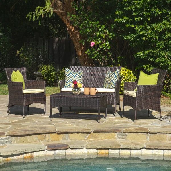 Mina Outdoor 4 Piece Wicker Chat Set with Water Resistant Cushions - Multibrown - Beige