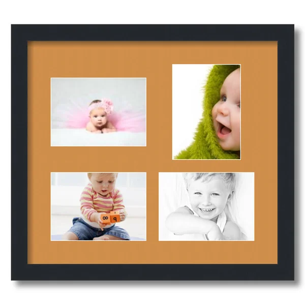 Collage Picture Frame, Satin Black Frame with 4 openings for 5x7 Photos with Yellow Amber Mat. D3926CH1117, ArtToFrames