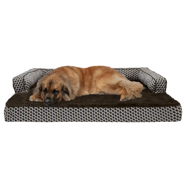 FurHaven Sofa Dog Bed - Plush & D閏or Comfy Couch Cooling Gel Foam, Jumbo Plus, Diamond Brown