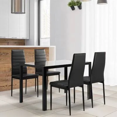 5 Pieces Dining Table Set for 4 - Kitchen Room Tempered Glass Dining Table, 4 Faux Leather Chairs Latitude Run