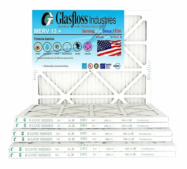 Glasfloss 14x20x1, 1x22 MERV 13 (Qty:12) Pleated AC Air Furnace Filter Made in USA