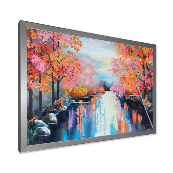 Designart 'Orange Autumn Forest by The River' Lake House Framed Art Print - 32 in. Wide x 16 in. High - White