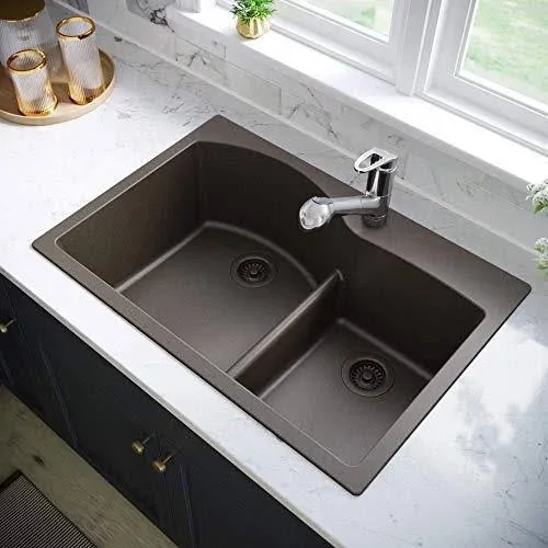 Mr Direct T811-M-CSTFL Quartz Granite 33x22 L x 22x22 W Double Basin Drop-In Kitchen Sink with STRAINER and Flange Finish: Mocha