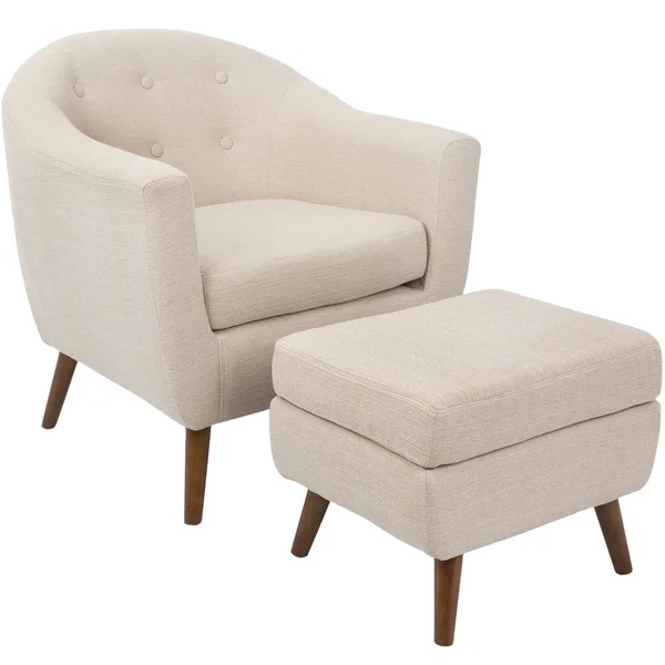 31x22 Beige Woven Fabric and Brown Rockwell Mid-Century Modern Accent Chair with Ottoman