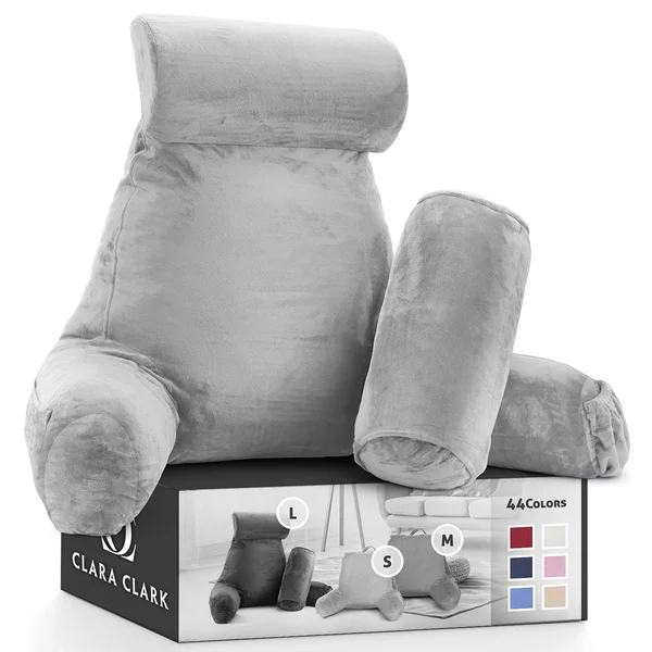 New & Improved Reading Pillow, Large Bed Rest Pillow with Arms + 2 Detachable Pillows - Shredded Memory Foam TV Pillow, Neck
