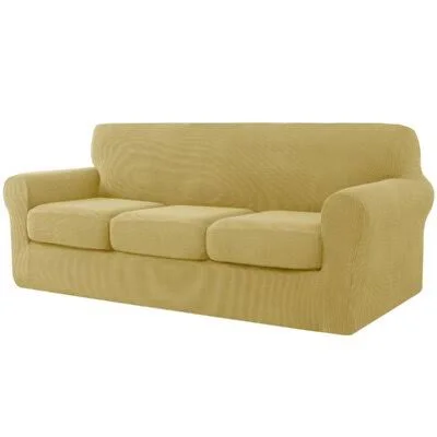 Elastic Textured SEPARATE Box Cushion Sofa Slipcover Red Barrel Studio Fabric: Beige