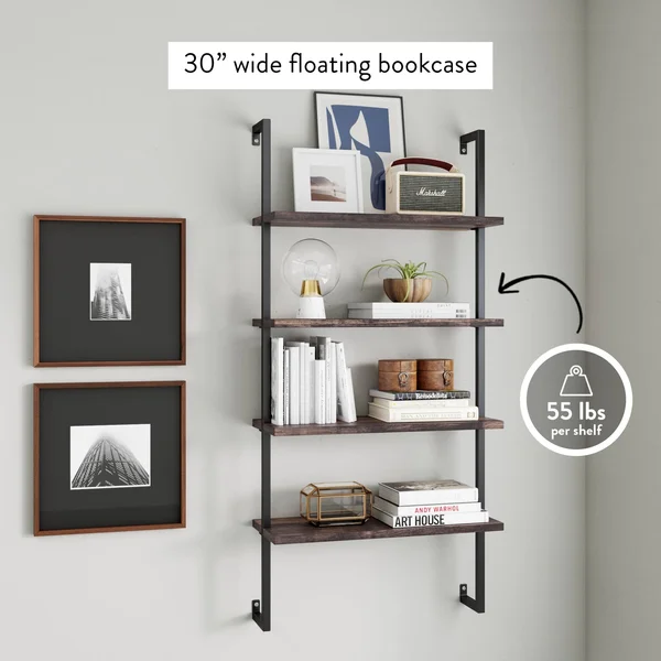 Nathan James Theo 4-Shelf Bookcase - Floating Wall Mount Shelves with Natural Wood and Industrial Pipe Metal Frame, Nutmeg/Black