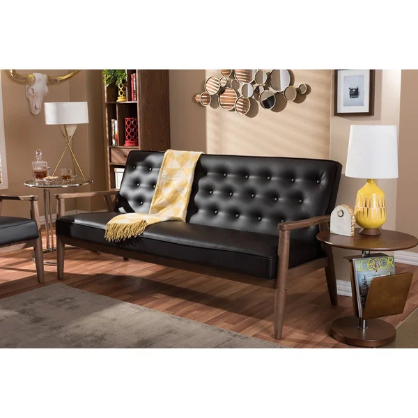 Baxton Studio Sorrento Mid Century Retro Modern Faux Leather Upholstered Wooden 3 Seater Sofa - Dark Brown