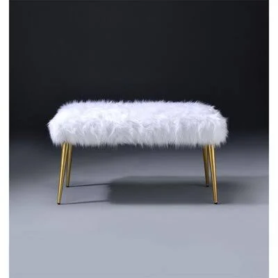 Bench in White Faux Fur & Gold Everly Quinn