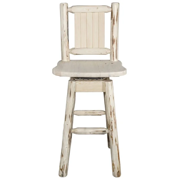 Montana Collection Barstool w/ Back & Swivel w/ Laser Engraved Wolf Design, Clear Lacquer Finish