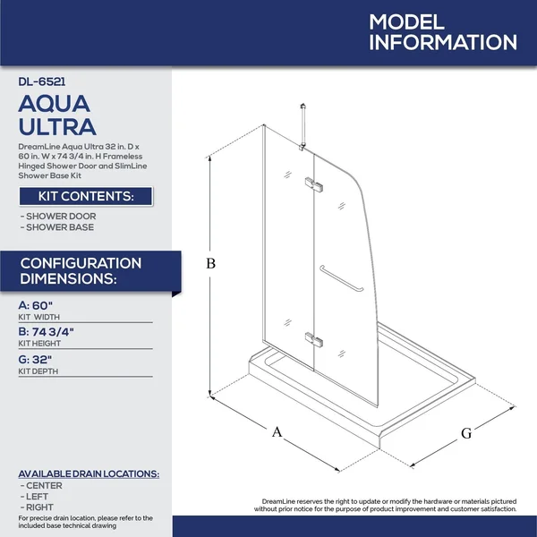 DreamLine Aqua Ultra 32 in. D x 60 in. W x 74 3/4 in. H Frameless Shower Door in Chrome and Right Drain White Base Kit