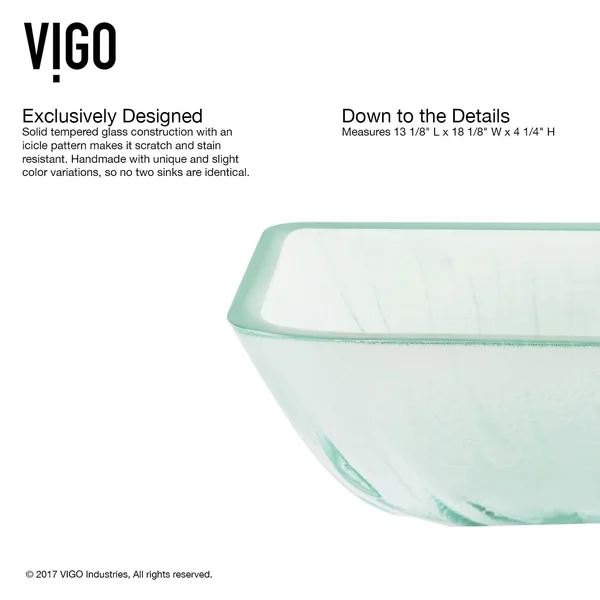 Vigo VGT1900 Rectangular Icicles Glass Vessel Bathroom Sink Set with Niko Vessel Faucet in Chrome