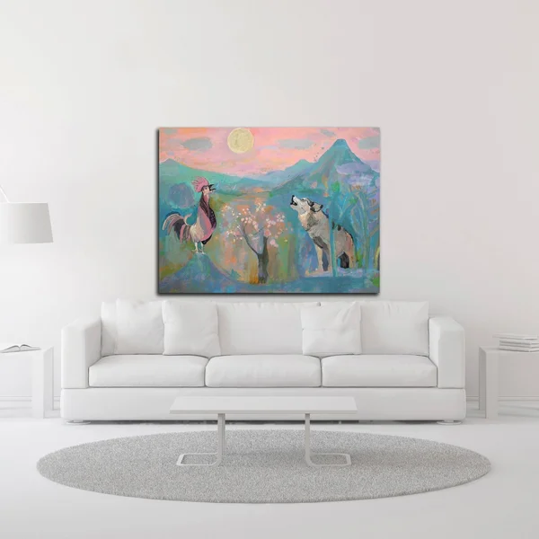 Tangletown Fine Art The Wolf and The Rooster Sing by Moonlight by Iria Fernandez Alvarez, Print on Canvas, Ready to Hang Wal