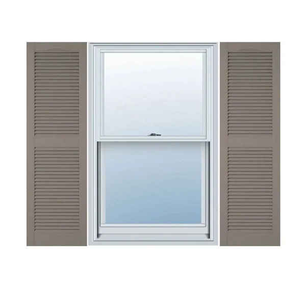 14 1/2x22W x 75x22H Lifetime Vinyl - Custom Cathedral Top Center Mullion, Open Louver Shutters, w/Shutter-Loks (Per Pair), Clay
