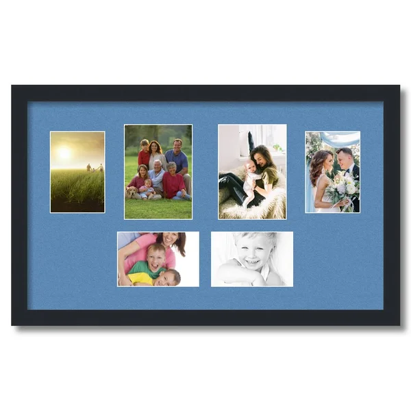 Collage Picture Frame - Satin Black Frame with 6 openings for 5x7 Photos with Liberty Blue Mat. D3926FG1104, ArtToFrames