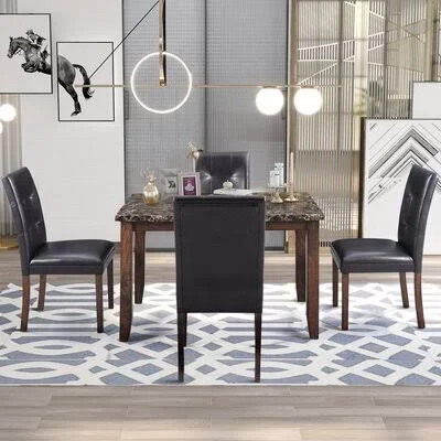 Faux Marble 5-Piece Dining Set Table with 4 Thicken Cushion Dining Chairs Home Furniture - Brown/Black Winston Porter