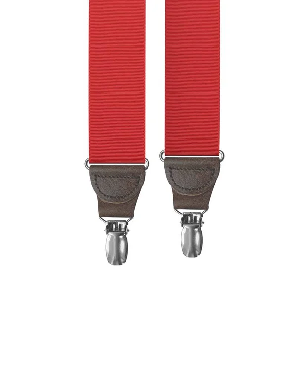 Cranberry Grosgrain Clip-On Suspenders Brown Leather with Silver Hardware