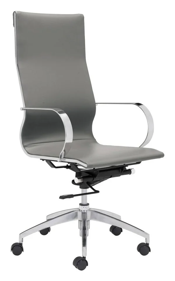 America Luxury Modern Contemporary High Back Work Chair, Grey Gray, Faux Leather Chromed Steel Brushed Aluminum, Home Business O, 27.6 x 27.6 x 42.9