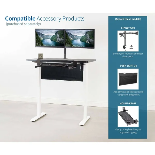 Vivo Electric 43” x 24” Stand Up Desk Workstation, Black Table Top, White Frame