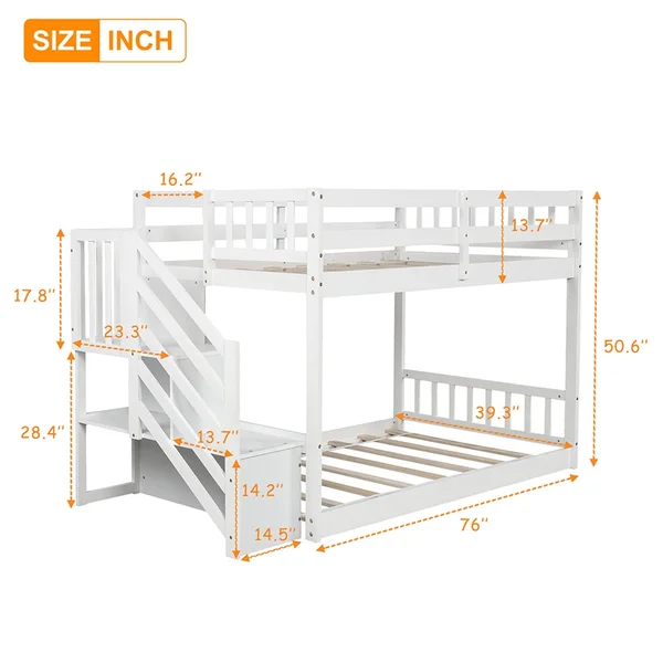 Twin Over Twin Floor Bunk Bed - Ladder with Storage - White