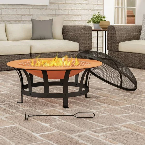 Pure Garden 30 in. W x 20 in. H Round Steel Wood Burning Outdoor Deep Fire Pit in Copper/Black with Grilling Grate - Multi-Colore