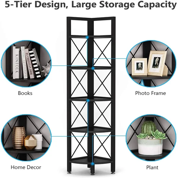 5 Tier Corner Shelf Unit Bookshelf Storage Rack Plant Stand - Black