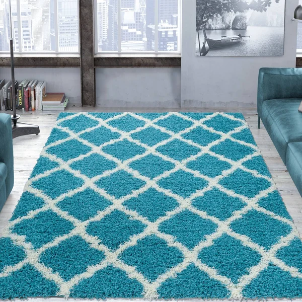 Ottomanson Ultimate Shaggy Moroccan Trellis Area Rug, Turquoise - 5.3' x 7'