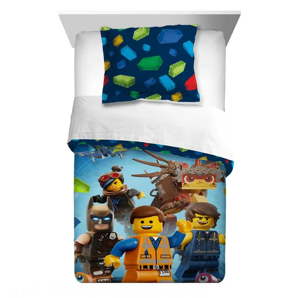 The Lego Movie 2 Kids Bedding, 2pc Comforter and Sham Set, Twin/Full, Lets Build Together, Blue