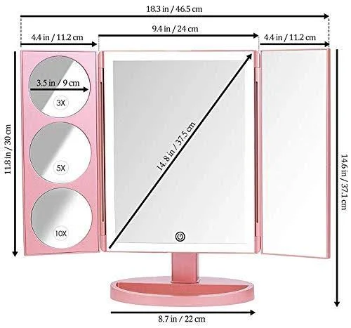 Mirrorvana Xlarge Vanity Mirror with Lights, Extravagant Trifold LED Lighted Makeup Mirror with 3X 5X 10x Magnification & B