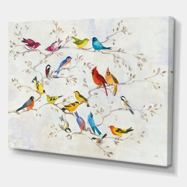 Designart &Multi-Color Bird on Tree& Modern Farmhouse Canvas Art - Multi-Color 32 in. Wide x 24 in. High