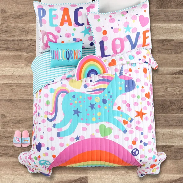 Lush Decor Unicorn Rainbow 4 Piece Quilt Set, Twin, White