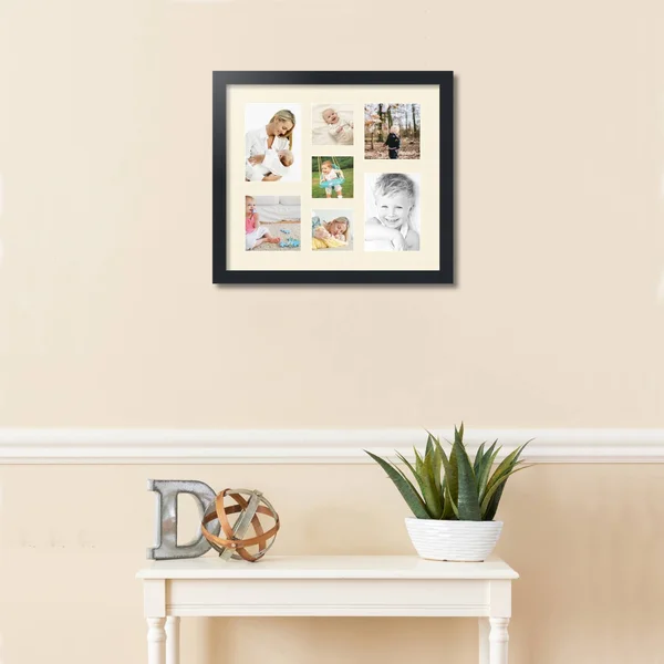Collage Picture Frame, Satin Black Frame with 7 openings for 5x7 Photos with White Ivory Mat. D3926FY568, ArtToFrames