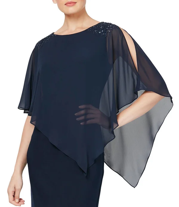Slny Aubergine Women's Asymmetrical Cape with Beaded Shoulder Dress